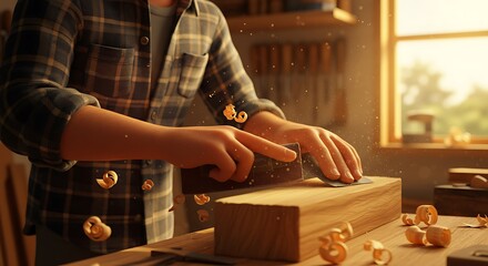 Close-up of a carpenter meticulously planing wood in a cozy workshop.