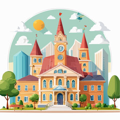 A vector illustration of an old town with a medieval castle, fairytale houses, and a towering fortress