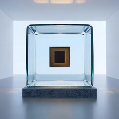 Microchip in Glass Cube: Minimalist Tech Product Display, Clean Modern Aesthetic, Futuristic Mood.