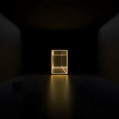 Dark Room, Golden Neon Cube, Minimalist Product Display, Abstract Background, Luxurious Mood.