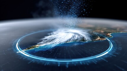 A futuristic depiction of a storm forming over Earth, showcasing swirling clouds and digital elements, emphasizing weather phenomena and technology.