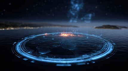A futuristic, digital landscape depicting a glowing circular interface over a calm sea, with stars twinkling in the dark sky.