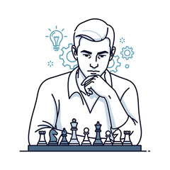 Thoughtful young man strategizing over a chessboard with gears and light bulb illustrations behind him