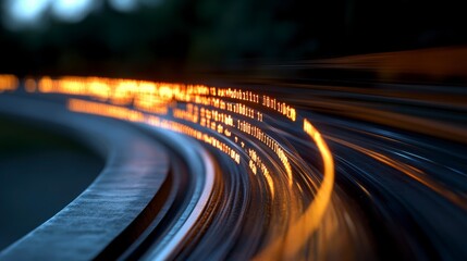 Abstract futuristic light trails on a curved surface showcasing vibrant colors and digital data in motion