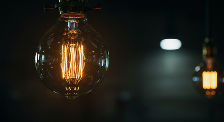 Edison bulb with glowing filament in moody low light