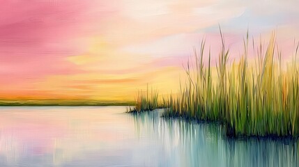 Serene Landscape of Calm Water and Lush Green Reeds at Sunset Over a Dreamy Pastel Sky