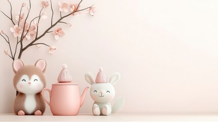 Cute plush bunny and cozy rabbit figurine with pink teapot and cherry blossoms in soft pastel colors