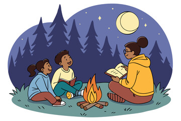 People sitting around campfire telling stories	