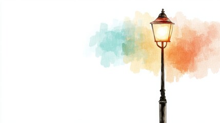 Vintage Street Lamp with Colorful Watercolor Background in Soft Pastels for Creative Design Projects