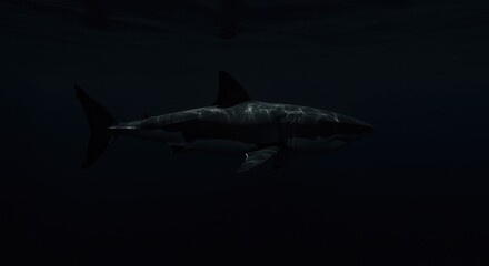 Fototapeta premium Majestic great white shark glides powerfully through dark, deep ocean waters with subtle light reflections highlighting its sleek form