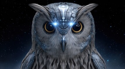 A futuristic owl with a metallic design and glowing eyes, set against a starry background, blending nature and technology.