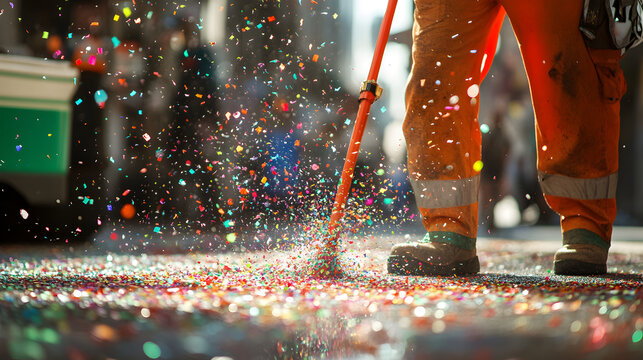 A worker sweeps up confetti on the street after a celebration with an orange handled broomstick