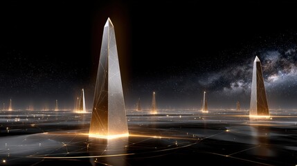 A futuristic landscape featuring glowing obelisks set against a starry night sky, suggesting advanced technology and otherworldly exploration.