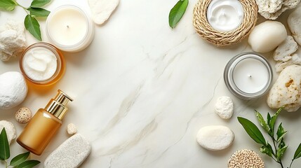 Spa setting with candles stones leaves and skincare products on marble surface.