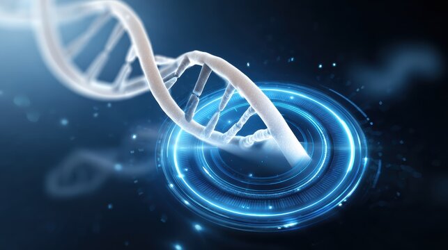 A futuristic depiction of a DNA helix surrounded by a glowing circular pattern, symbolizing advanced genetic research and technology.