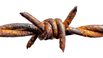 Close-up of Rusty Barbed Wire on transparent background.