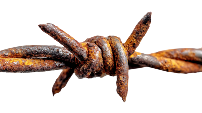 Close-up of Rusty Barbed Wire on transparent background.