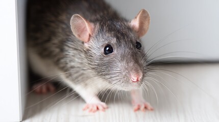 Close-up of a small rat in the corner on a white floor with an open door leading to a room in the background, concept of rodent infestation, pest control, hygiene, cleanliness issues in home interior