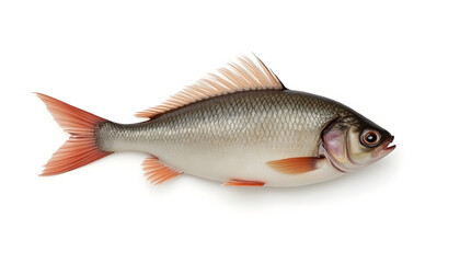 Obraz premium Fresh Fish with Silver and Red Fins on White Background