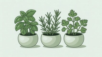 Three potted herbs basil rosemary and parsley image