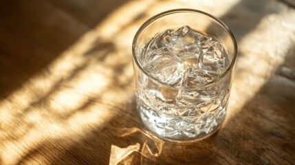 A glass with ice cubes sits on a wooden surface, illuminated by soft sunlight, creating a warm ambiance.