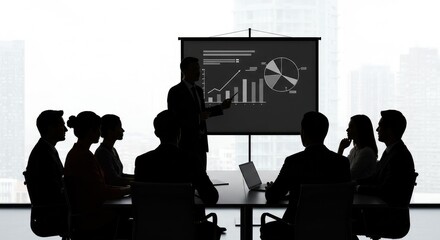 Confident business team in silhouette actively engaging in a modern boardroom presentation with financial charts displayed on a large screen, driving success.
