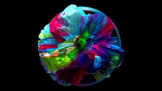 3d render of abstract art video animation glass ball with organic bacteria shape inside in deformation transformation process in red green purple and blue colors on black background