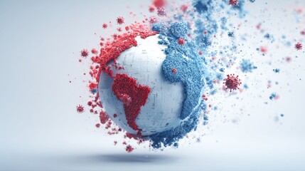 Earth with white globe surrounded by COVID-19 coronavirus, pinkish-red affected areas on continents, blue and red background, detailed Godot engine floating in space symbolizing pandemic impact.
