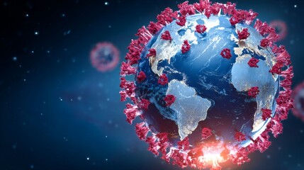 Earth with white globe surrounded by COVID-19 coronavirus, pinkish-red affected areas on continents, blue and red background, detailed Godot engine floating in space symbolizing pandemic impact.