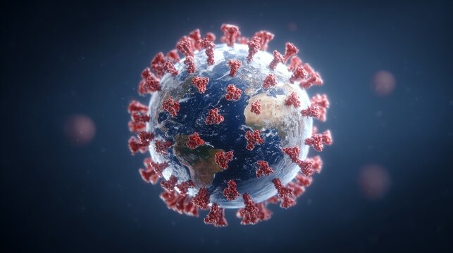 Earth with white globe surrounded by COVID-19 coronavirus, pinkish-red affected areas on continents, blue and red background, detailed Godot engine floating in space symbolizing pandemic impact.