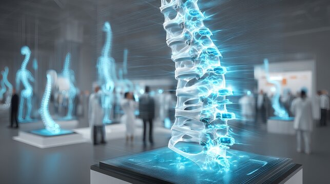 Illuminated holographic spine model in medical exhibition with blurred scientists in background.