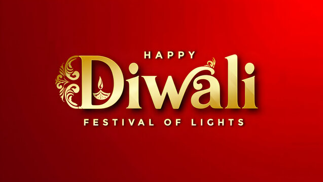 Elegant golden text "Happy Diwali" with a candle flame design, set against a vibrant red gradient background. - Powered by Adobe