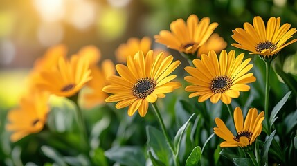 Fototapeta premium Group of orange daisy-like flowers with dark centers surrounded by green foliage.