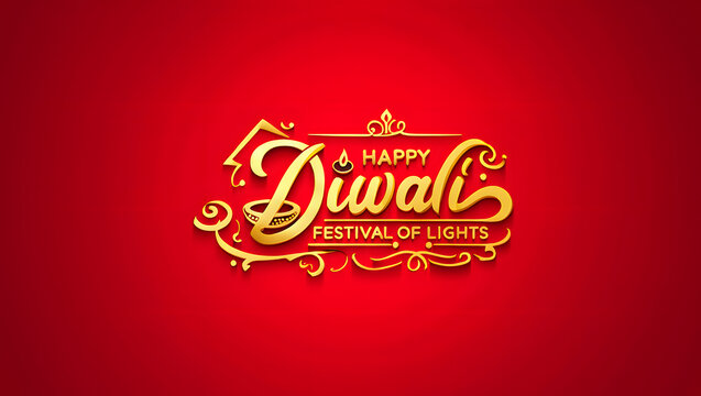 Golden stylized text "Diwali" on a red background, celebrating the Festival of Lights.
