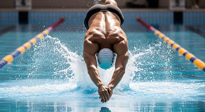 A swimmer diving into a pool during a competition, with water splashing and light reflecting on the surface. The swimmer is in focus, with tense muscles. 
