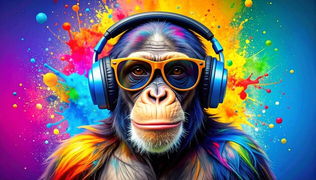 Abstract background with monkey in headphones and sunglasses at bright paints drops and splashes backdrop. Animal portrait modern wallpaper. Horizontal illustration for banner design.
