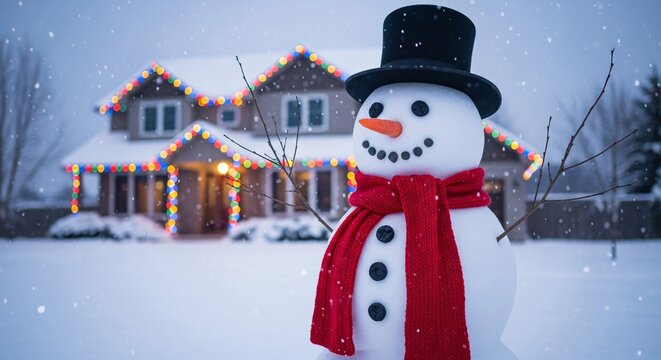 A snowman with a top hat and red scarf stands in front of a house decorated with christmas lights - Powered by Adobe