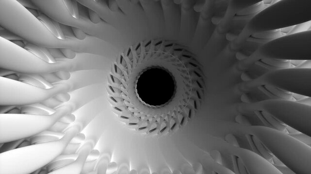 3d video loop of abstract black and white art of surreal 3d background with part of a turbine engine or blossom flower with sharp blades in white ceramic in spiral pattern with a hole in the centre