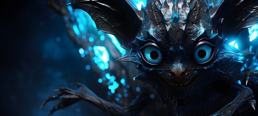 The black background contrasts sharply with the bright blue diamonds light emitted by Bat Dryad Monster,generative AI