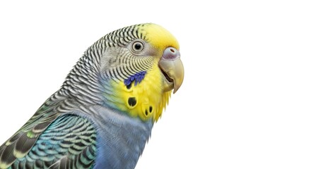 Obraz premium A close-up portrait of a colorful blue and yellow budgerigar parakeet isolated on a white background.