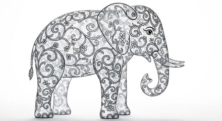 Fototapeta premium A stylized illustration of an elephant filled with intricate, swirling black and white floral and filigree patterns on a plain background.