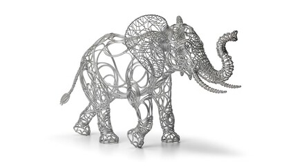 An intricate, metallic wireframe sculpture of an elephant with its trunk raised, isolated on a white background.