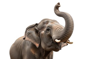 Obraz premium A majestic Asian elephant with small tusks raises its long, curled trunk high against a white background.