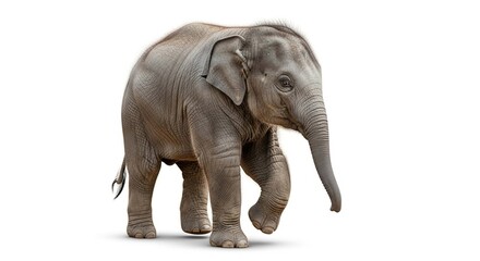 Obraz premium A cute young Asian elephant calf with wrinkled gray skin walking forward, isolated on a white background.