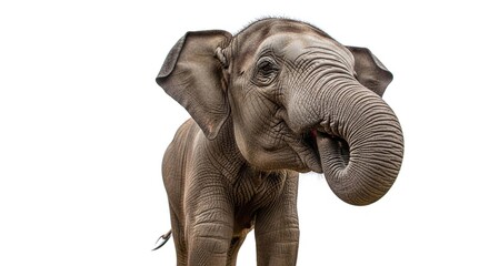 Fototapeta premium A cute baby Asian elephant standing and looking forward with its trunk curled, isolated on a white background.