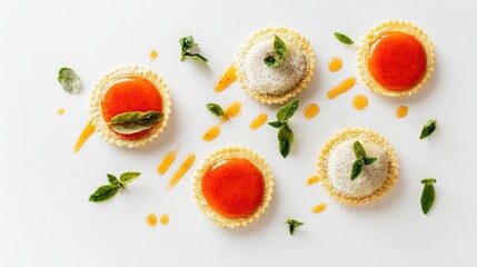 Small, delicate tarts, topped with a vibrant orange-red jam and a sprinkle of white topping, sit atop a white background.  Fresh basil leaves and drizzled honey are scattered around the tarts