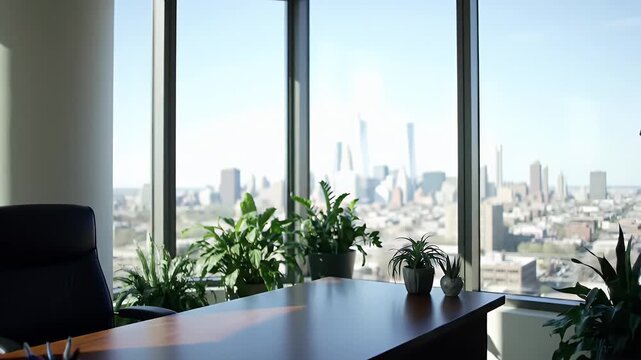 Bright Modern Executive Office Interior with City View Sleek Black Leather Chair Rich Wood Desk Potted Green Plants and Expansive Windows Perfect for Corporate Decor and Productive Ambience at