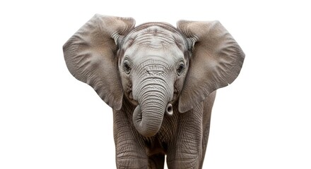 Naklejka premium A cute baby African elephant calf with large ears and a curled trunk, isolated on a white background.