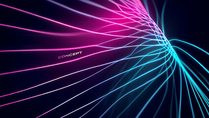 Abstract flowing lines of vibrant neon pink and electric blue light trails against a dark background