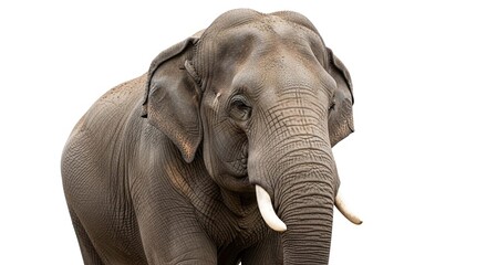 Naklejka premium A majestic Asian elephant with ivory tusks standing against a clean white background.